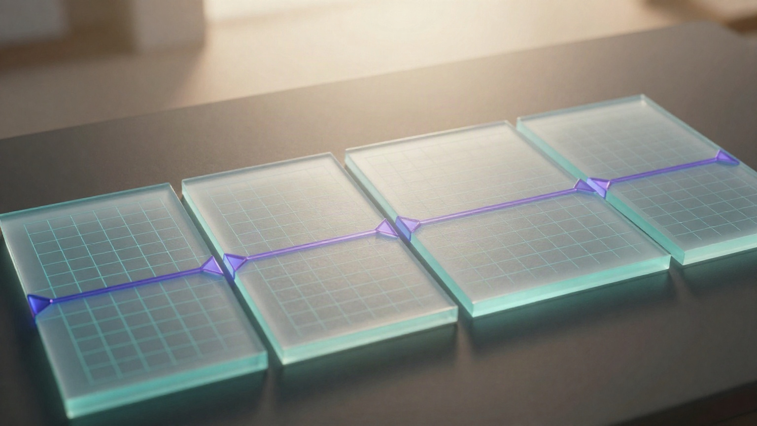 Abstract illustration of Solana epoch architecture with layered translucent panels and slot grids